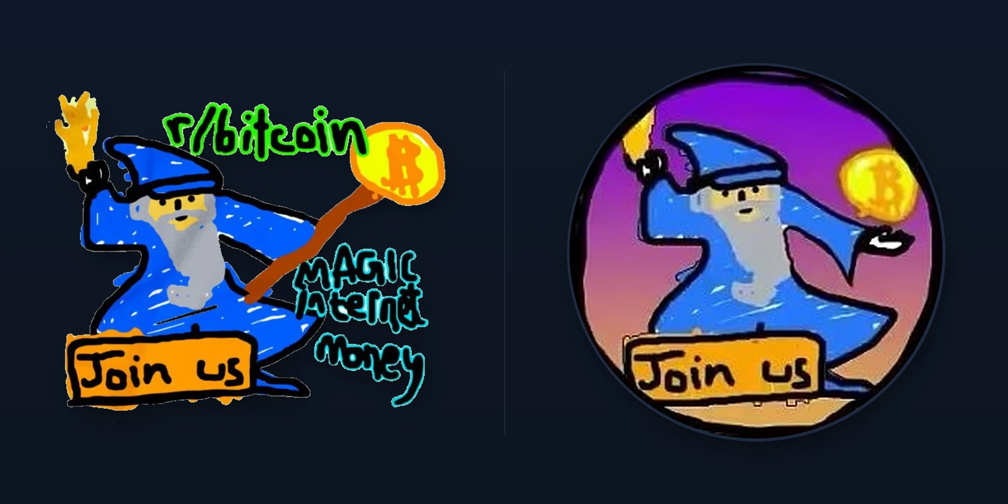 Left: the 2013 Reddit ad Bitcoin Wizard, on Bitcoin as inscription #70. Right: the Magic Internet Money meme coin, etched as rune #17 in the first block of the 2024 halving.